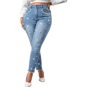 Women's High Rise Slim Fit Denim Jeans Pearl Beaded Frayed Fringe